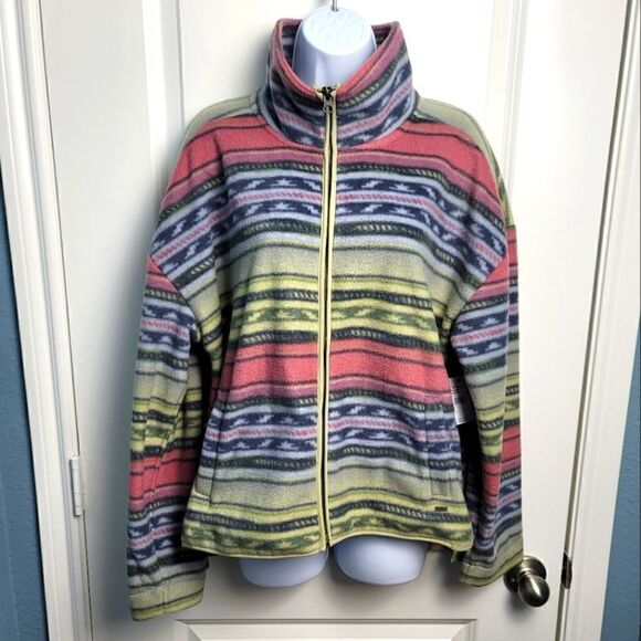 NWT- O'NEILL JACKET Red & Yellow Geometric Stripe Anderson Fleece Jacket - Picture 1 of 10